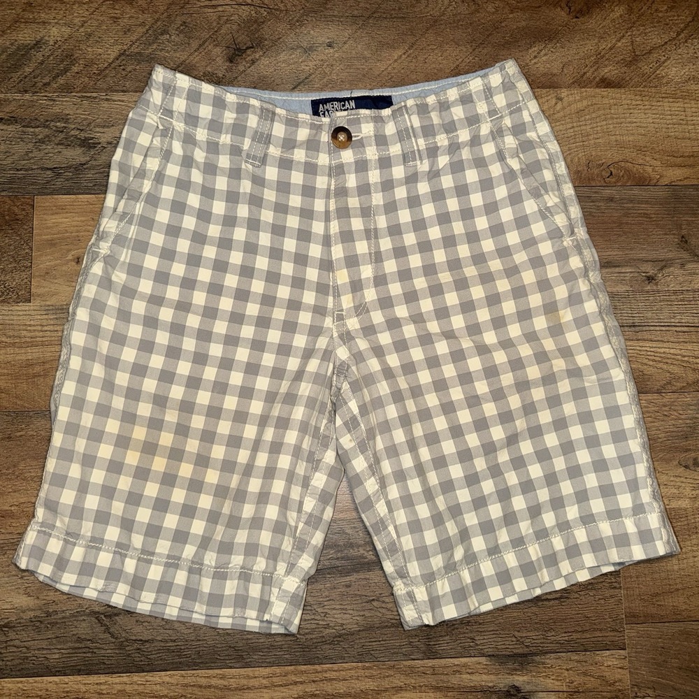 American Eagle Plaid Shorts Mens 28 Grey White Gingham Plaid